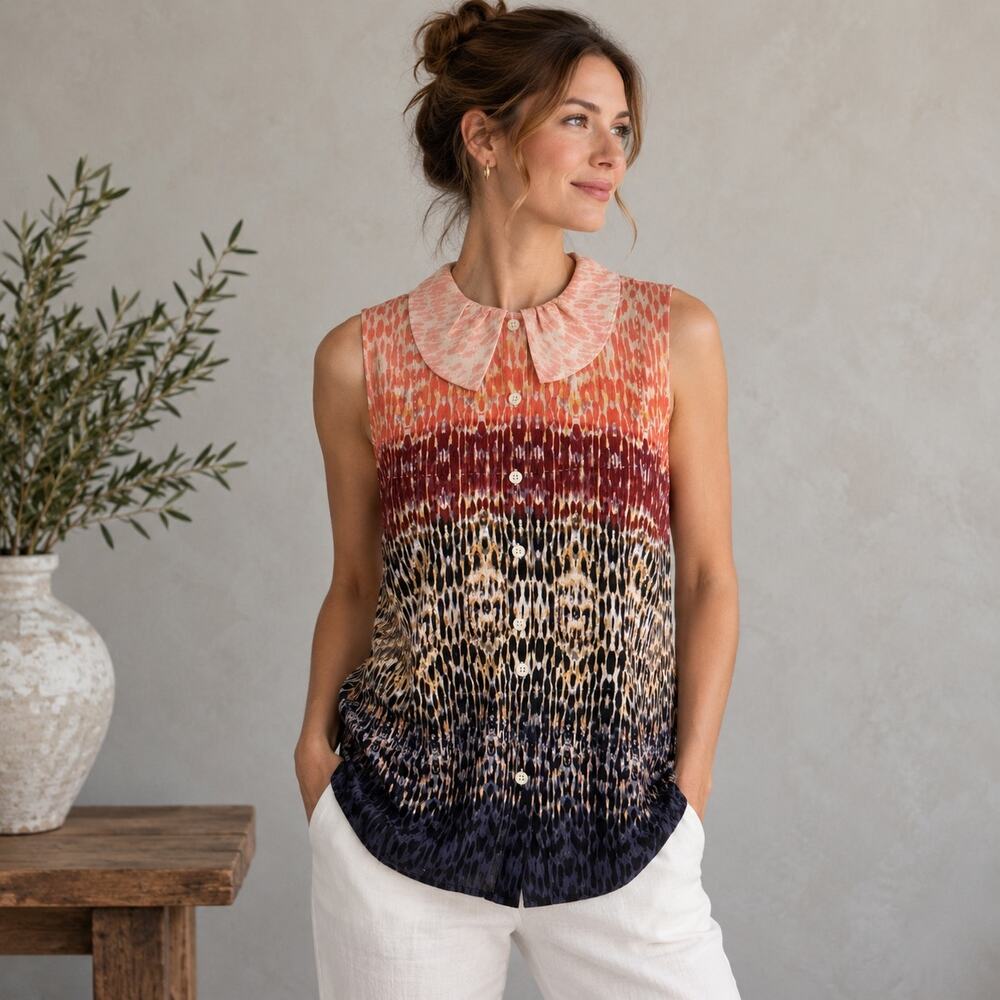 Cabi Collard Multicolor Sleeveless Love Blouse Small